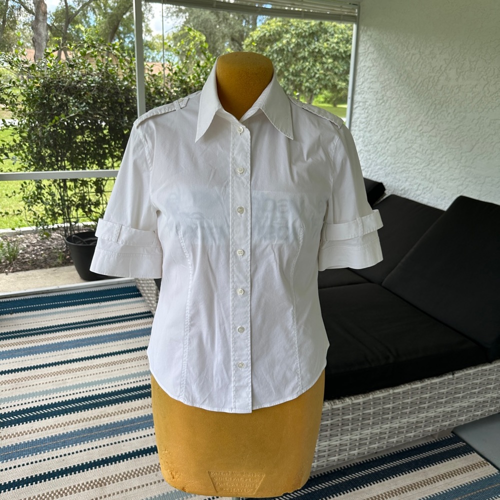 Escada Military Short Sleeve Button Down Blouse Collard Size 40,